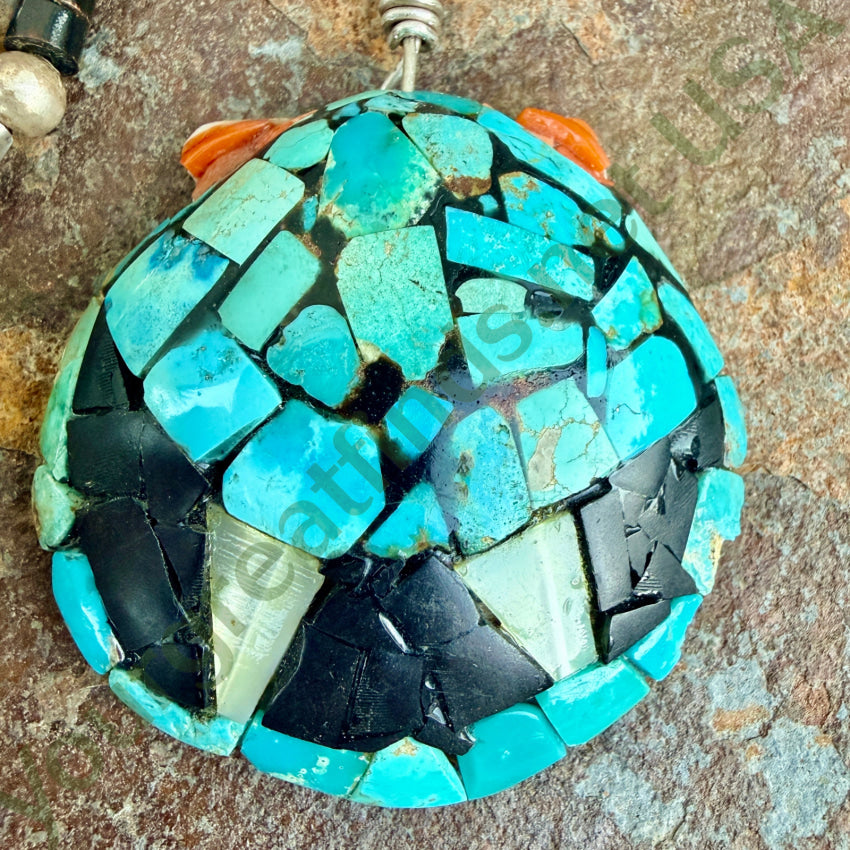 Vintage Turquoise Jet Shell & Sterling Silver Mosaic Necklace shell mosaic necklace