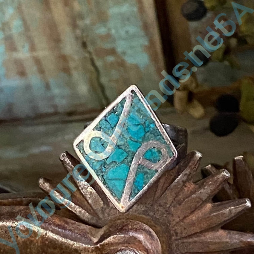 Vintage Turquoise Mosaic Inlay Ring Sterling Silver Size 5 Yourgreatfinds