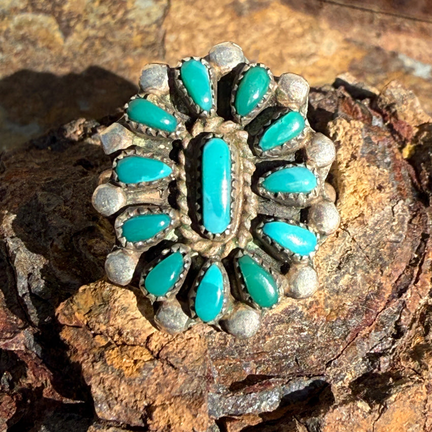 Vintage Turquoise Rosette Petit Point Cluster Ring 7 1/8 ring