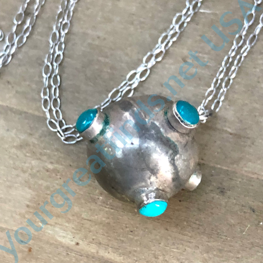 Vintage Turquoise Spiked 925 Sterling Silver Orb Necklace - Yourgreatfinds