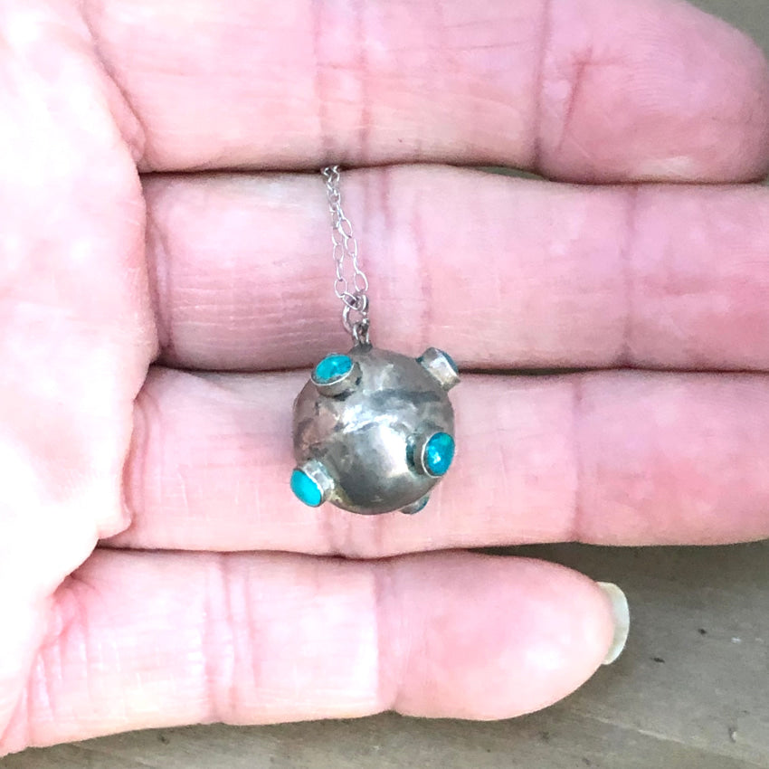 Vintage Turquoise Spiked 925 Sterling Silver Orb Necklace