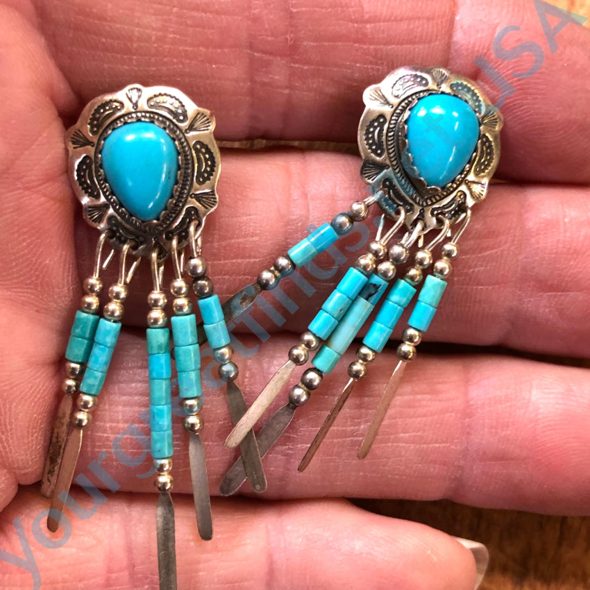 Vintage Turquoise Sterling Silver Concho Heishi Earrings