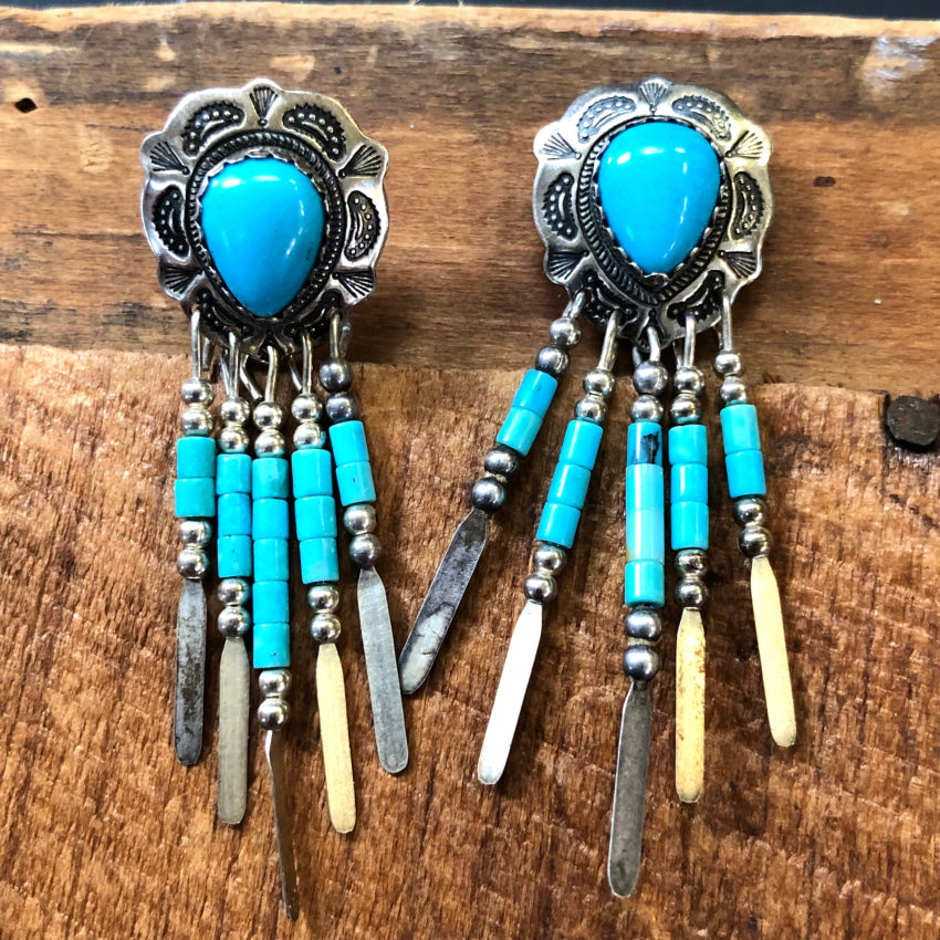 Vintage Turquoise Sterling Silver Concho Heishi Earrings