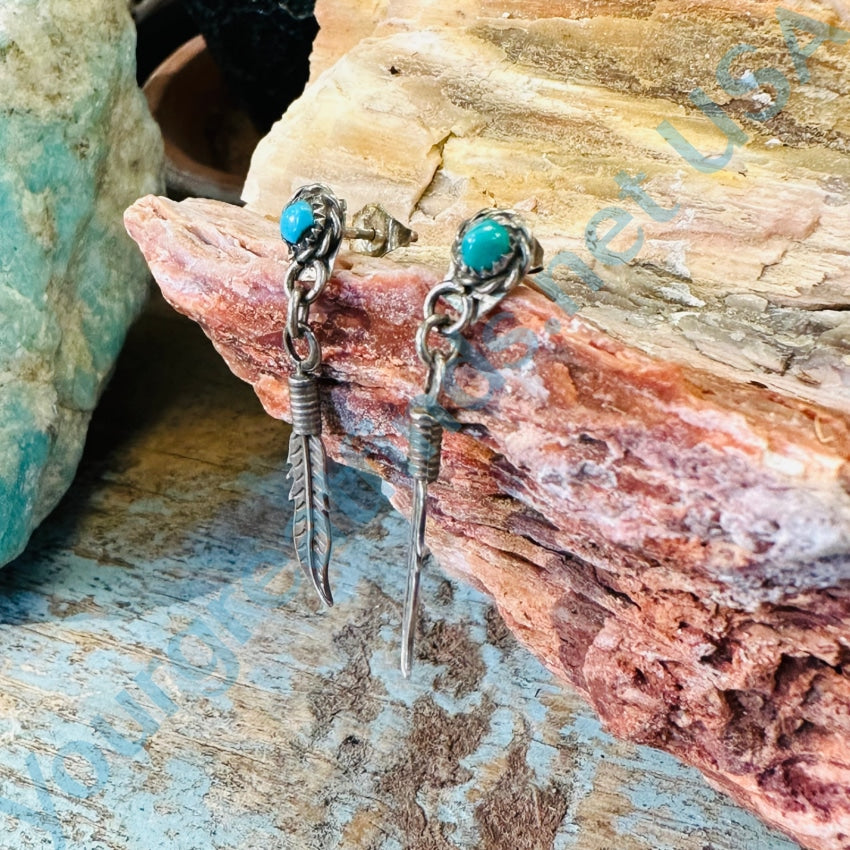 Vintage Turquoise Sterling Silver One Feather Earrings