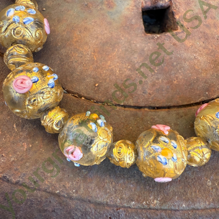 Vintage Venetian Murano Italy Gold Wedding Cake Glass Bead Beaded Necklace necklace