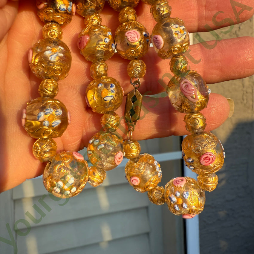 Vintage Venetian Murano Italy Gold Wedding Cake Glass Bead Beaded Necklace necklace