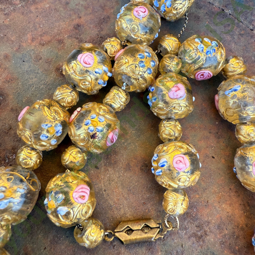 Vintage Venetian Murano Italy Gold Wedding Cake Glass Bead Beaded Necklace necklace