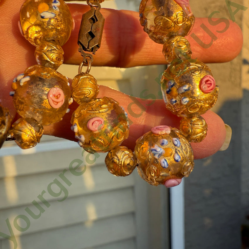 Vintage Venetian Murano Italy Gold Wedding Cake Glass Bead Beaded Necklace necklace