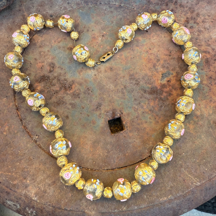Vintage Venetian Murano Italy Gold Wedding Cake Glass Bead Beaded Necklace necklace