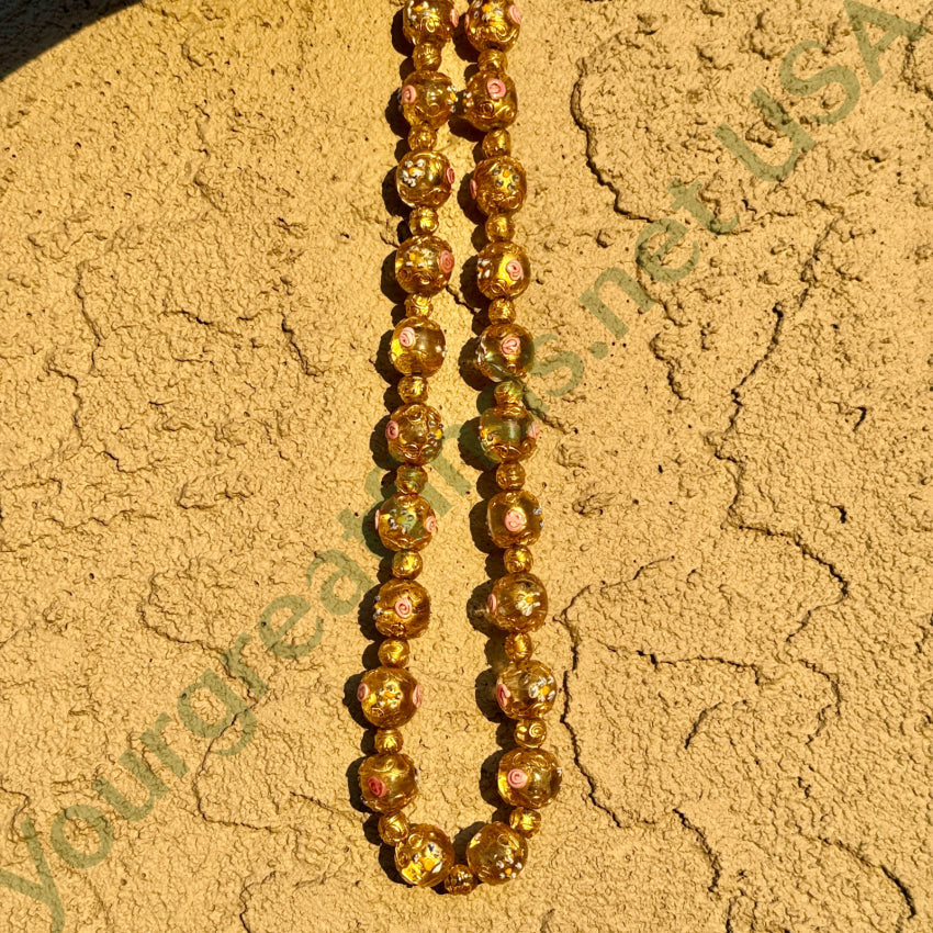 Vintage Venetian Murano Italy Gold Wedding Cake Glass Bead Beaded Necklace necklace