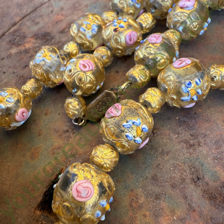 Vintage Venetian Murano Italy Gold Wedding Cake Glass Bead Beaded Necklace necklace
