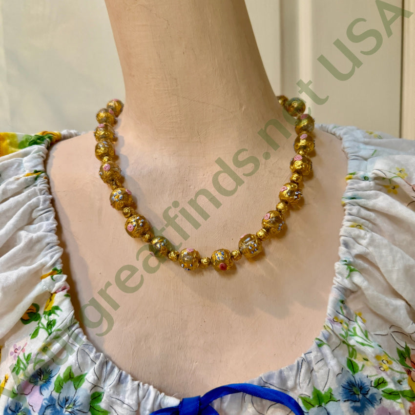 Vintage Venetian Murano Italy Gold Wedding Cake Glass Bead Beaded Necklace necklace
