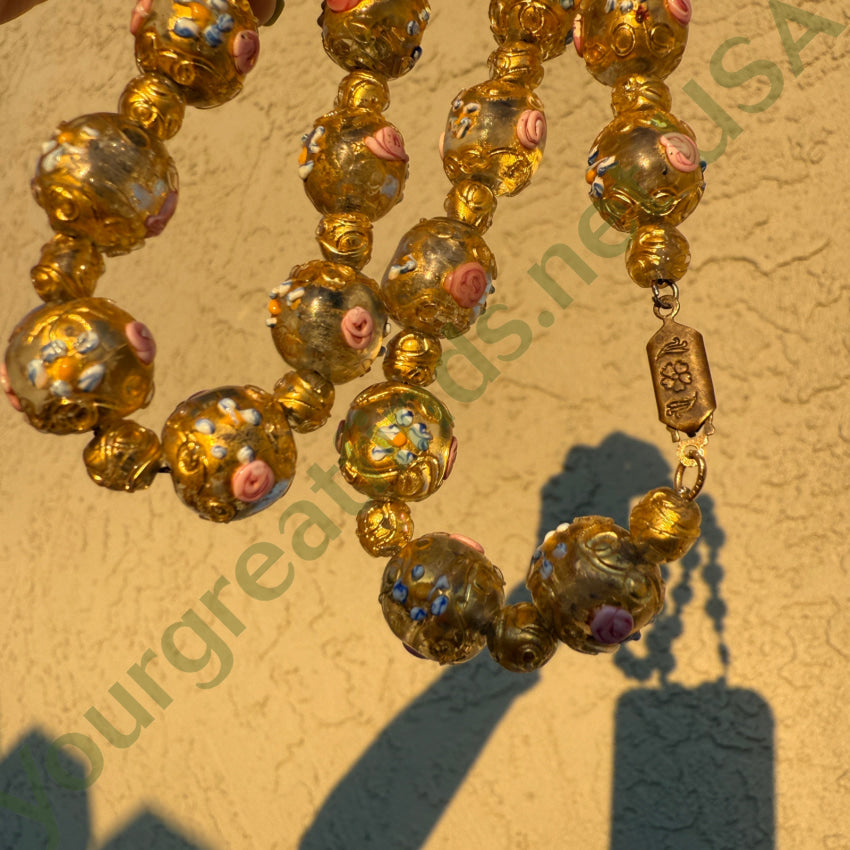 Vintage Venetian Murano Italy Gold Wedding Cake Glass Bead Beaded Necklace necklace