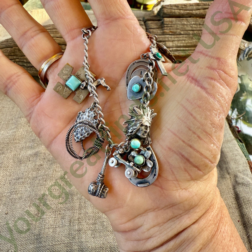 Vintage Western Themed Sterling Silver Charm Bracelet 16 Charms earrings