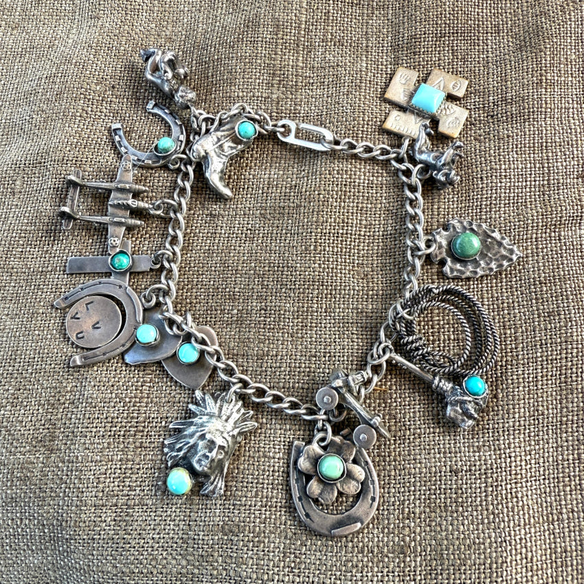 Vintage Western Themed Sterling Silver Charm Bracelet 16 Charms earrings