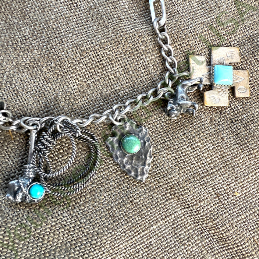 Vintage Western Themed Sterling Silver Charm Bracelet 16 Charms earrings