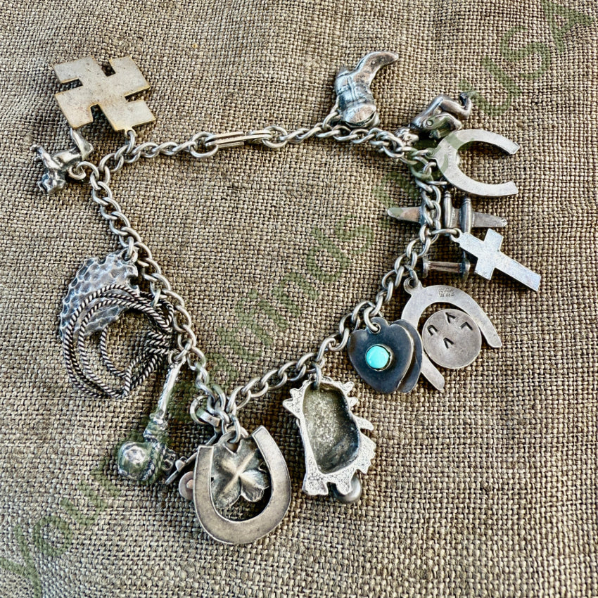 Vintage Western Themed Sterling Silver Charm Bracelet 16 Charms earrings