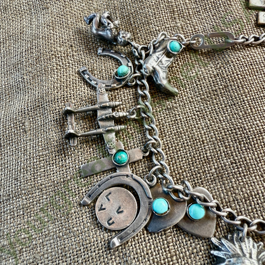 Vintage Western Themed Sterling Silver Charm Bracelet 16 Charms earrings