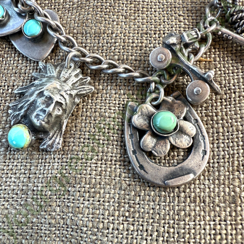 Vintage Western Themed Sterling Silver Charm Bracelet 16 Charms earrings