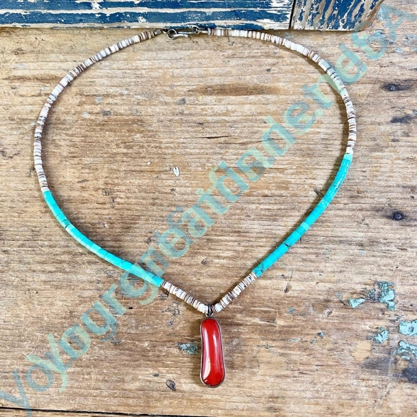 Vintage White and turquoise Heishi Bead Necklace with Dark Red C0ral Pendant Yourgreatfinds