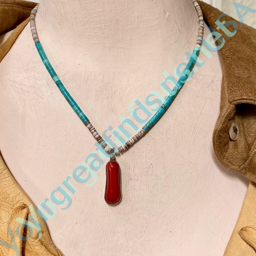Vintage White and turquoise Heishi Bead Necklace with Dark Red C0ral Pendant Yourgreatfinds
