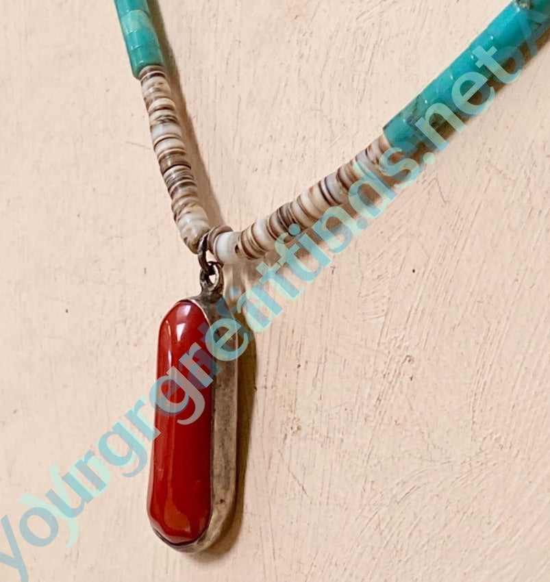 Vintage White and turquoise Heishi Bead Necklace with Dark Red C0ral Pendant Yourgreatfinds