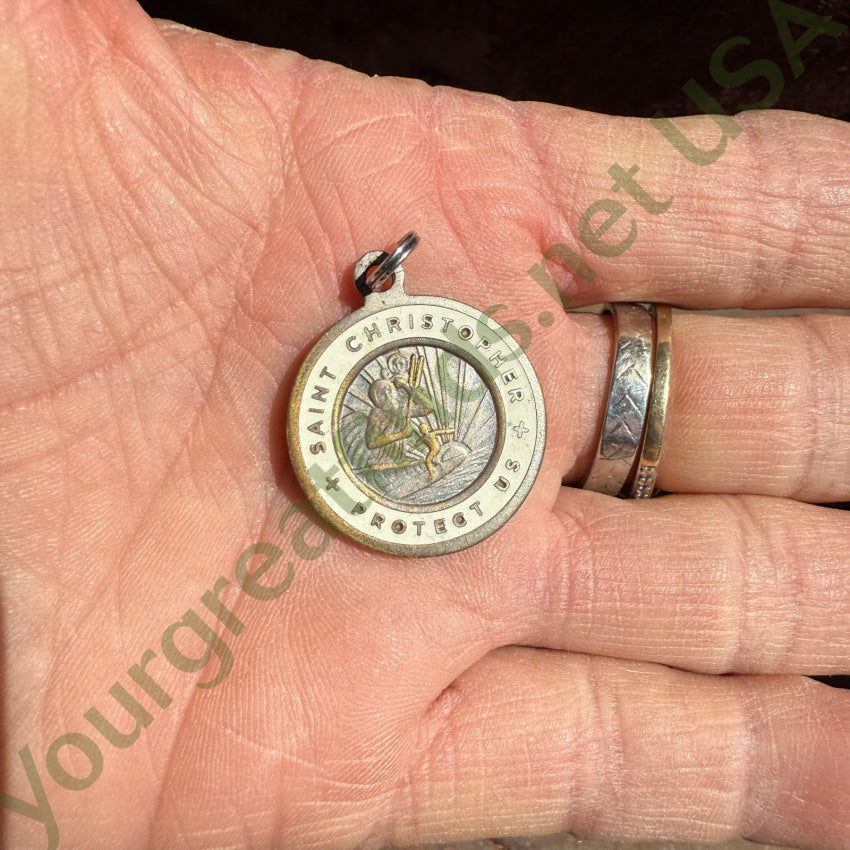 Vintage White Enamel on Copper Surfer Saint Christopher Pendant St. Christopher Necklace
