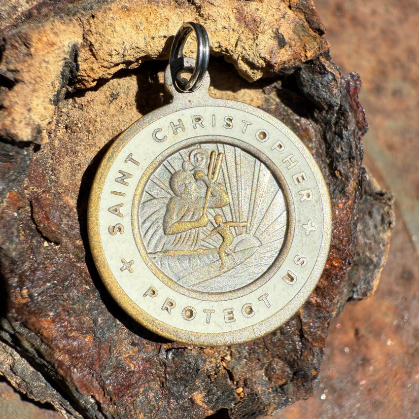 Vintage White Enamel on Copper Surfer Saint Christopher Pendant St. Christopher Necklace