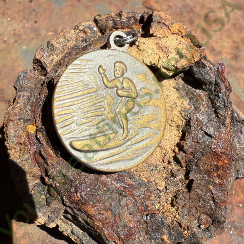 Vintage White Enamel on Copper Surfer Saint Christopher Pendant St. Christopher Necklace