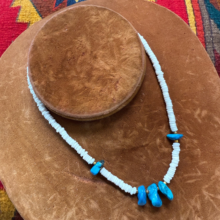 Vintage White Hawaiian Puka Shell & Turquoise Beaded Necklace necklace