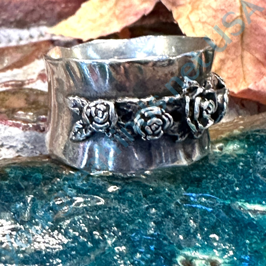Vintage Wide Band Roses Ring Sterling Silver 6