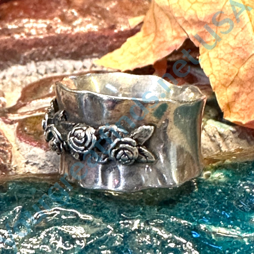 Vintage Wide Band Roses Ring Sterling Silver 6