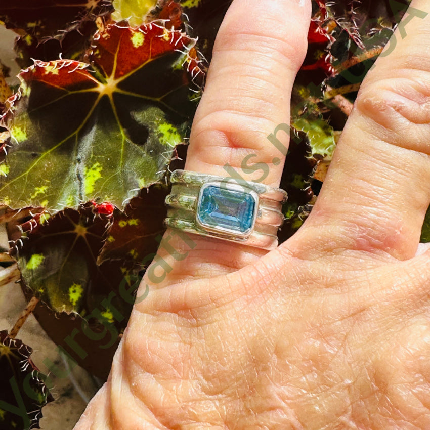 Vintage Wide Sterling Silver Blue Topaz Band Ring Size 6
