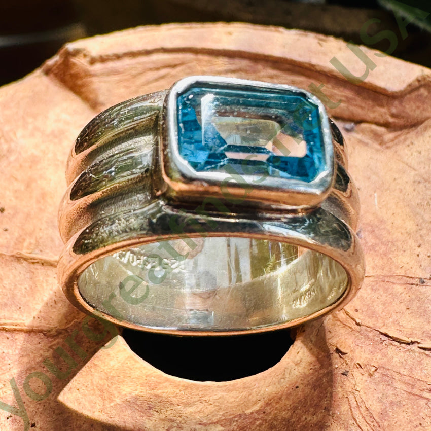 Vintage Wide Sterling Silver Blue Topaz Band Ring Size 6