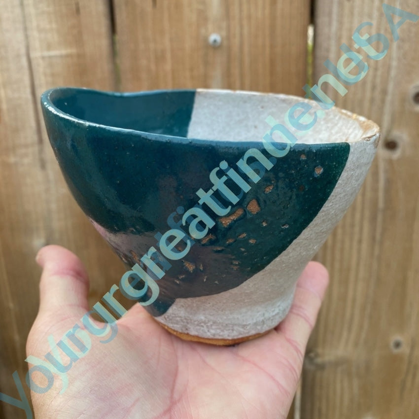 Vintage Wonky Handmade Stoneware Bowl in Teal and white Glaze Yourgreatfinds