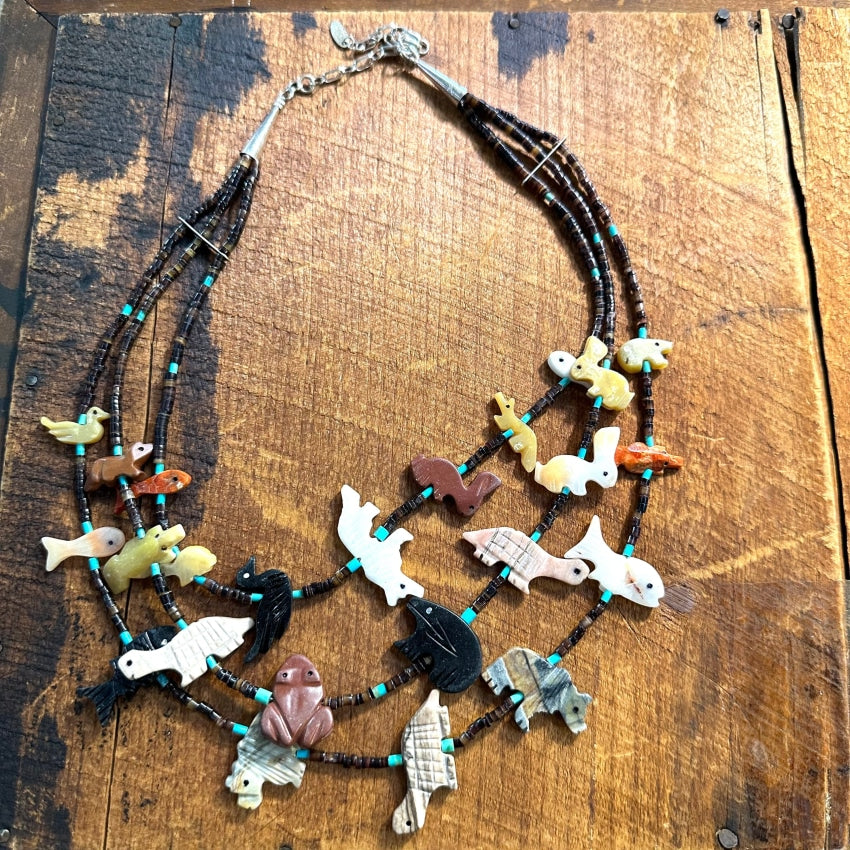 Vintage Zuni Carved Animal Fetish Turquoise Heishi 3 Strand Necklace