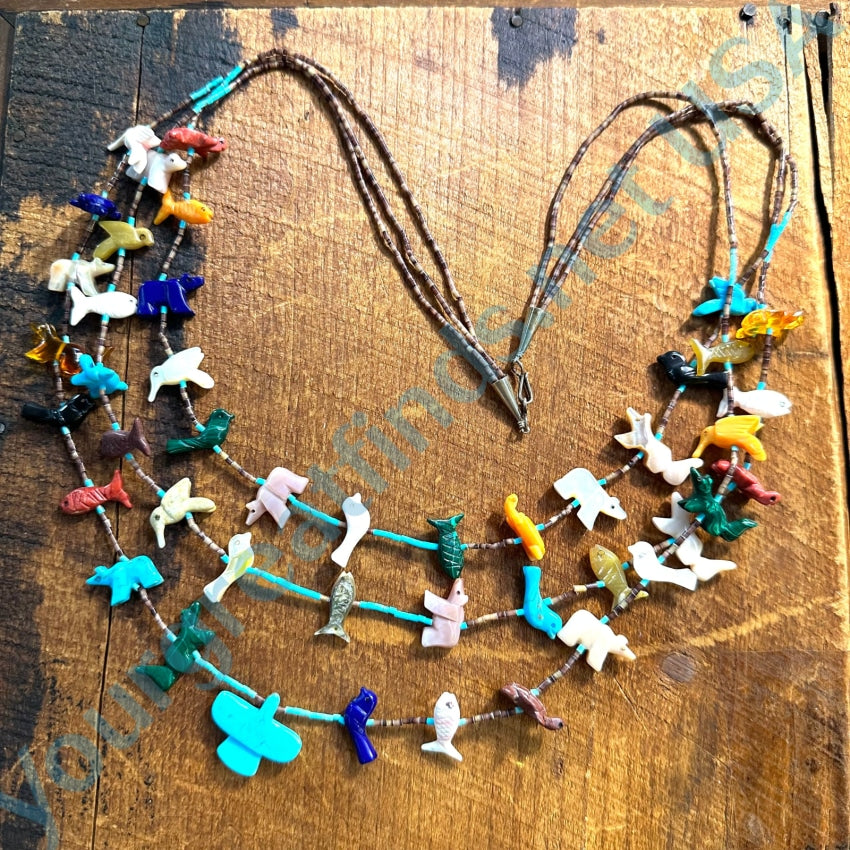 Vintage Zuni Carved Animal Fetish Turquoise Heishi 3 Strand Necklace