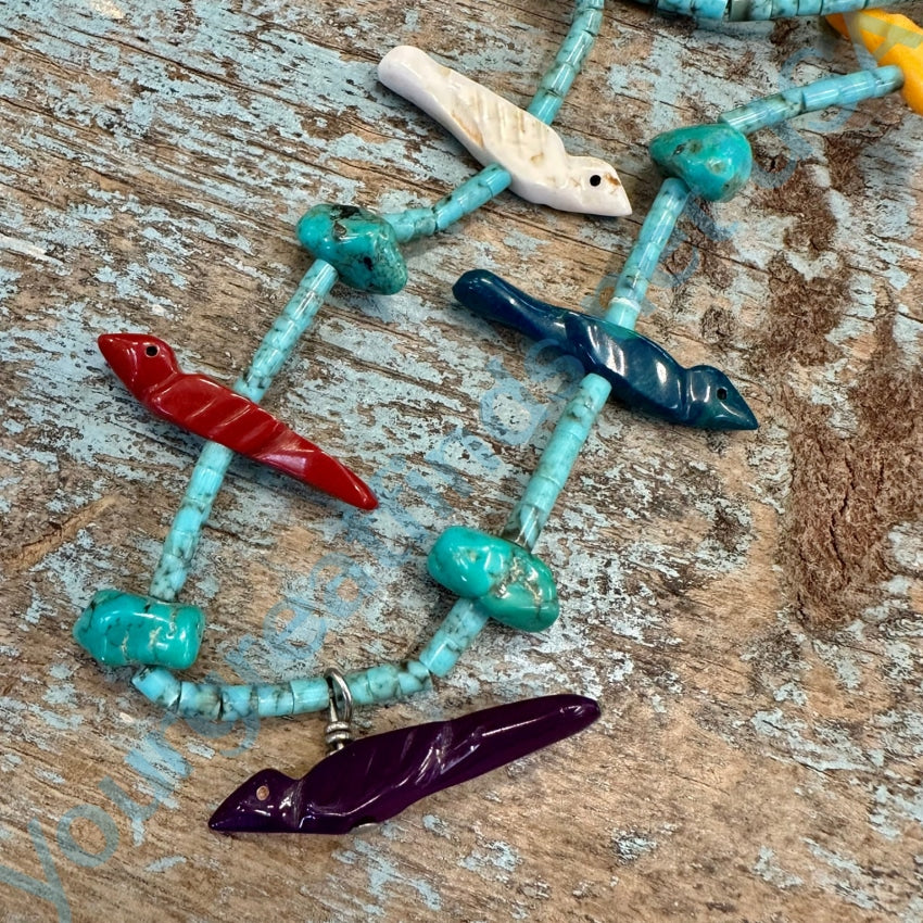 Vintage Zuni Carved Bird Fetish Turquoise Heishi Necklace