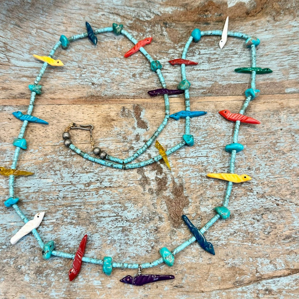 Zuni Natural store Turquoise Multi Stone Thunderbird Fetish Heishi Beaded Necklace