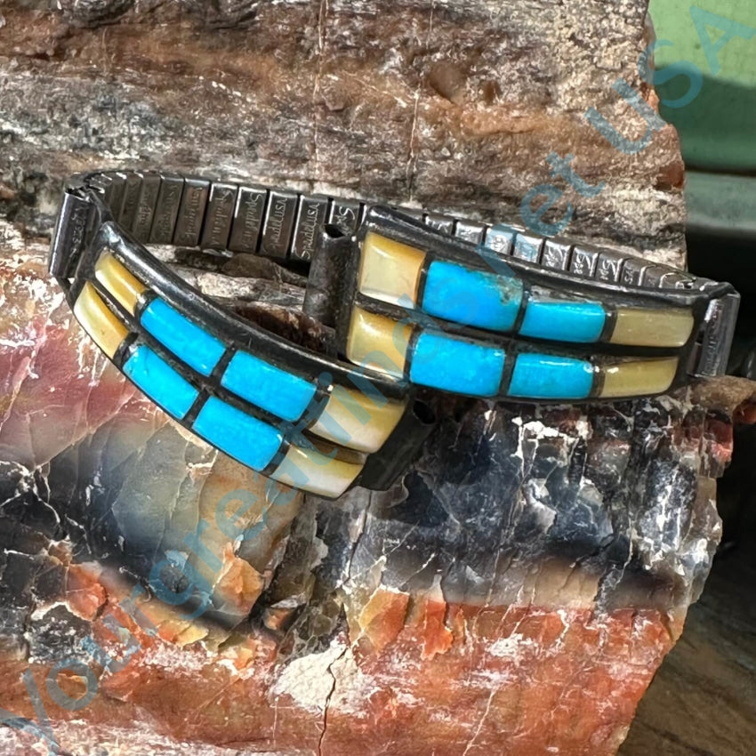Vintage Zuni Inlay Row Watch Band Plates Turquoise Mop 925