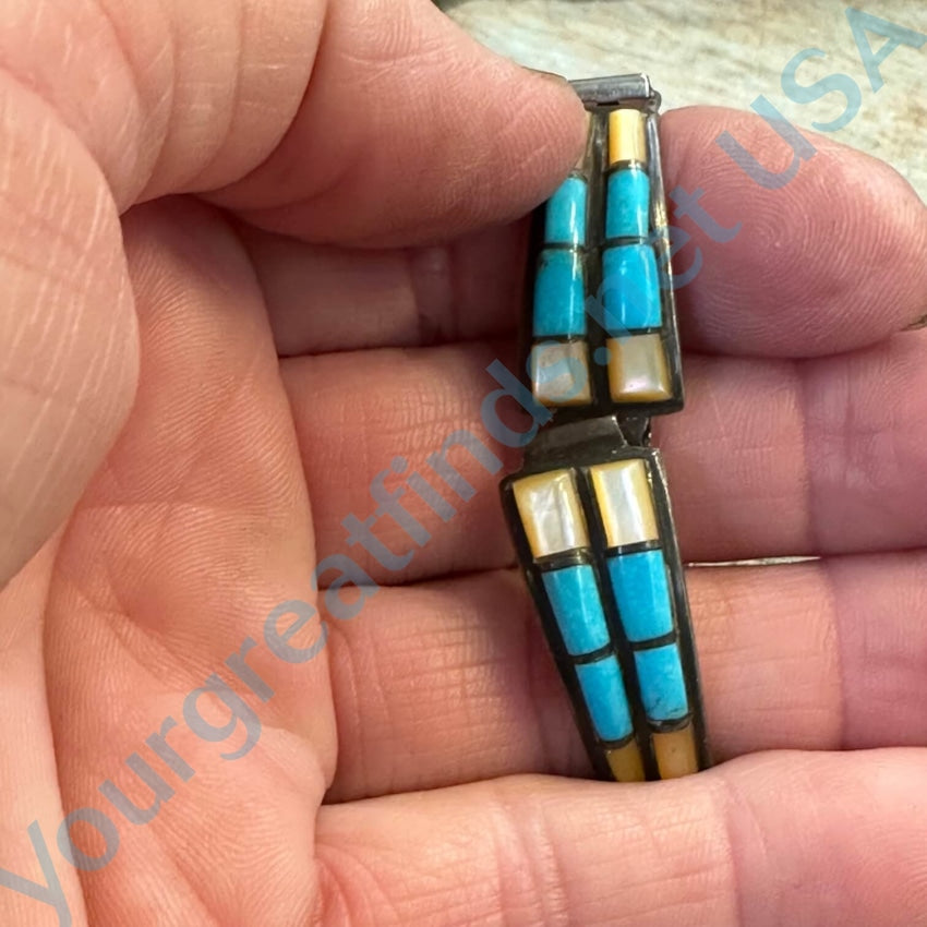 Vintage Zuni Inlay Row Watch Band Plates Turquoise Mop 925