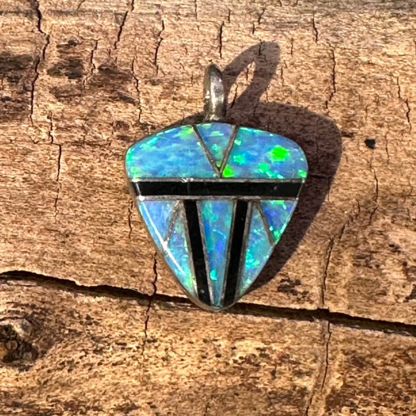 Vintage Zuni Jet Opal Sterling Silver Inlay Pendant