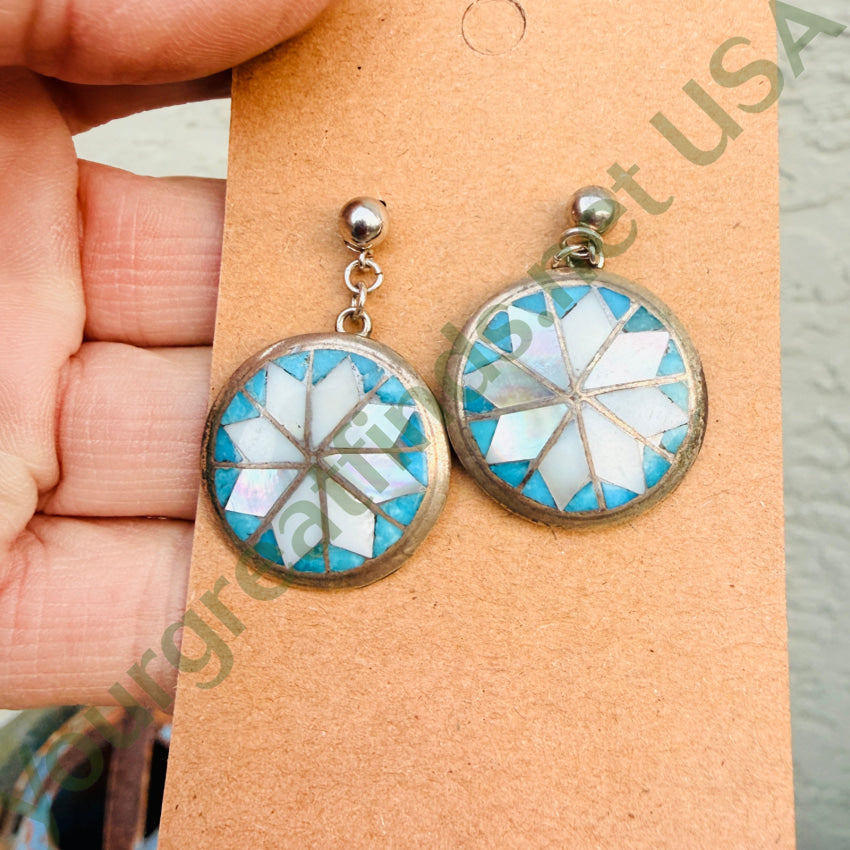 Vintage Zuni Mother-of-Pearl & Turquoise Pierced Post Earrings pin brooch