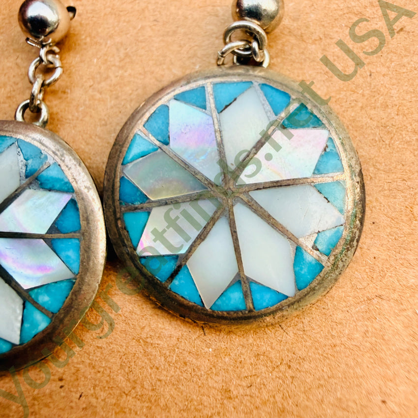 Vintage Zuni Mother-of-Pearl & Turquoise Pierced Post Earrings pin brooch