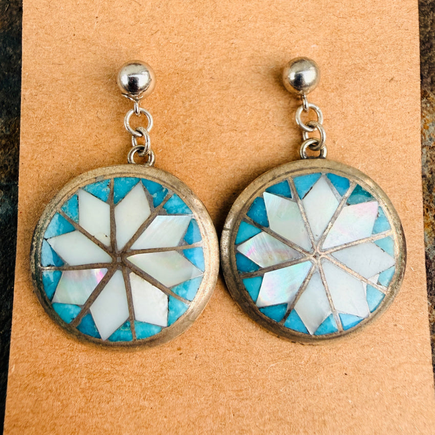 Vintage Zuni Mother-of-Pearl & Turquoise Pierced Post Earrings pin brooch