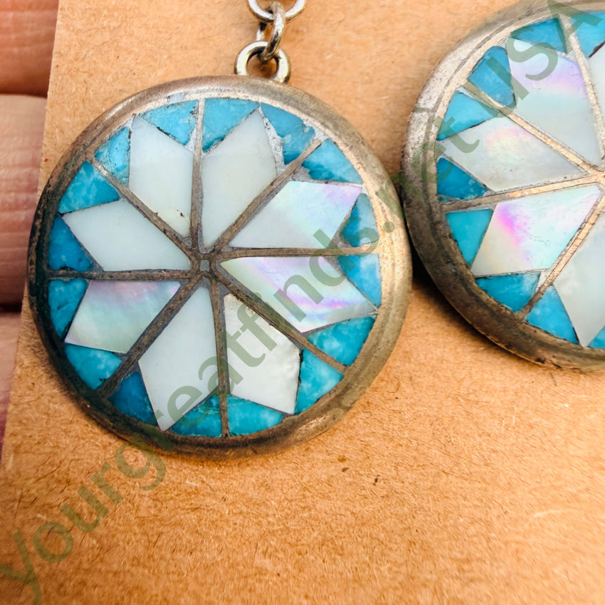 Vintage Zuni Mother-of-Pearl & Turquoise Pierced Post Earrings pin brooch