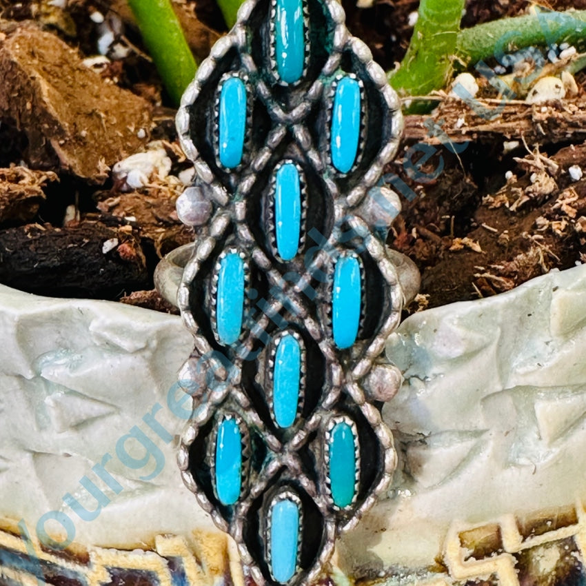 Vintage Zuni Needlepoint Turquoise Long Row Ring Size 7