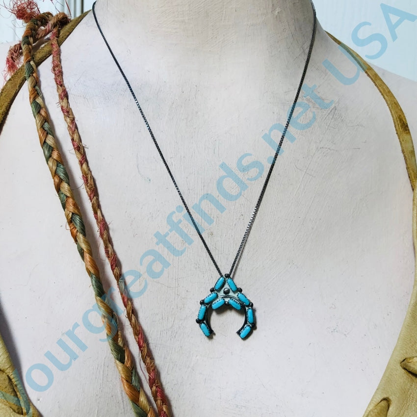 Vintage Zuni Pendant / Pin Naja Pale Blue Turquoise Necklace 925
