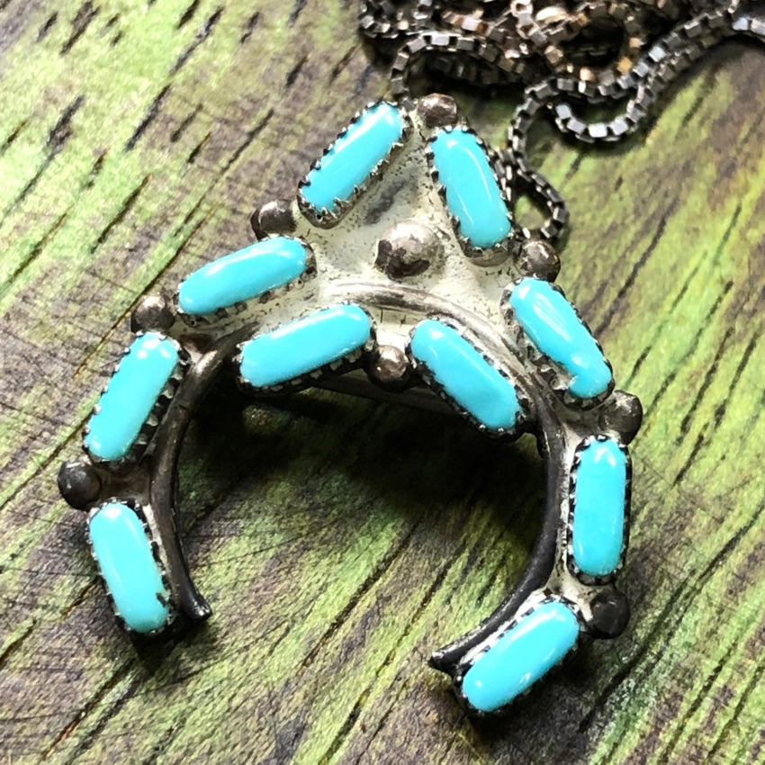Vintage Zuni Pendant / Pin Naja Pale Blue Turquoise Necklace 925