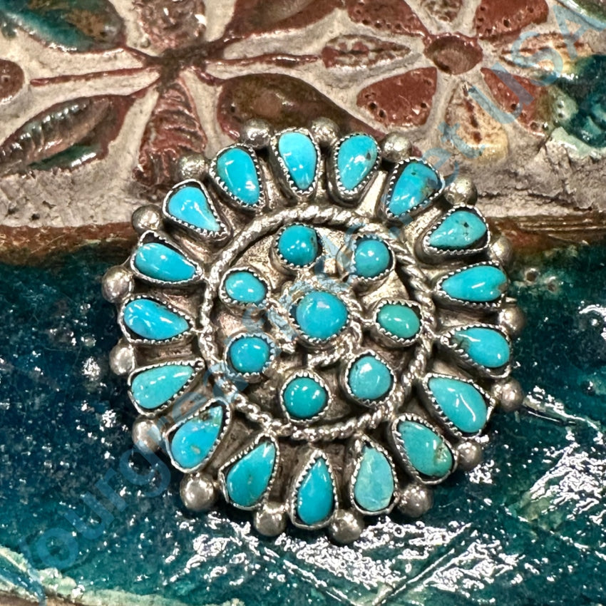 Vintage Zuni Petit Point Turquoise Rosette Pin Sterling